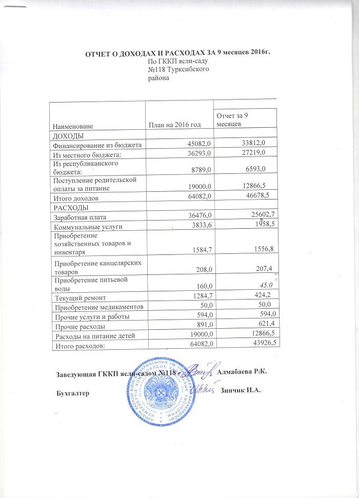 Отчет о доходах и расходах за 9 месяцев 2016г