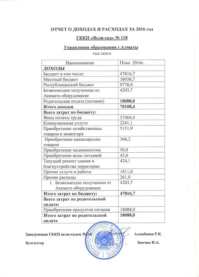 Отчет о доходах и расходах за 2016 год