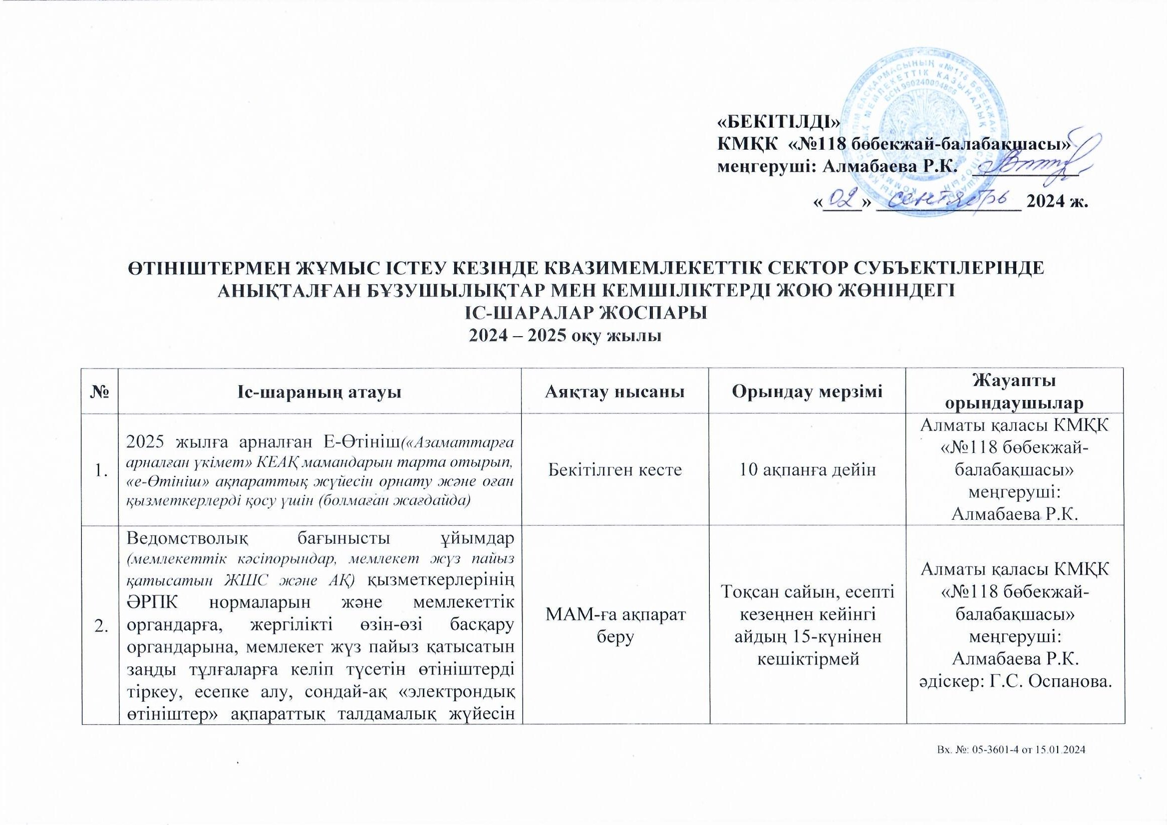 Е-Өтініш Іс-жоспары 2024-2025 оқу жылы