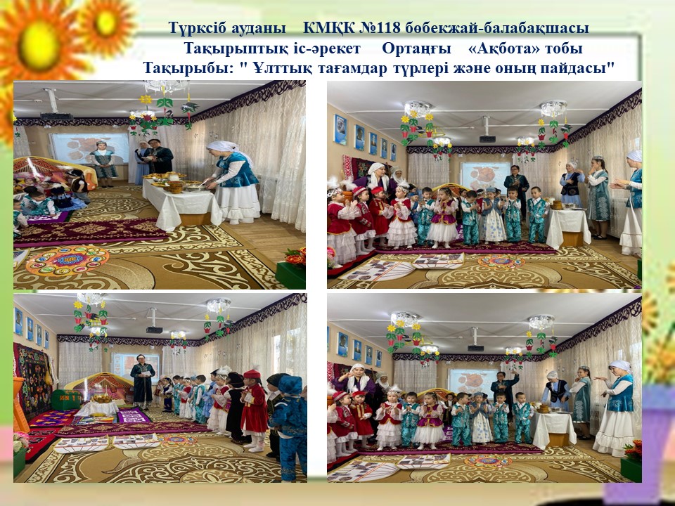 Тақырыптық іс-әрекет " Ұлттық тағамдар түрлері және оның пайдасы"  Ортаңғы "Ақбота"тобы