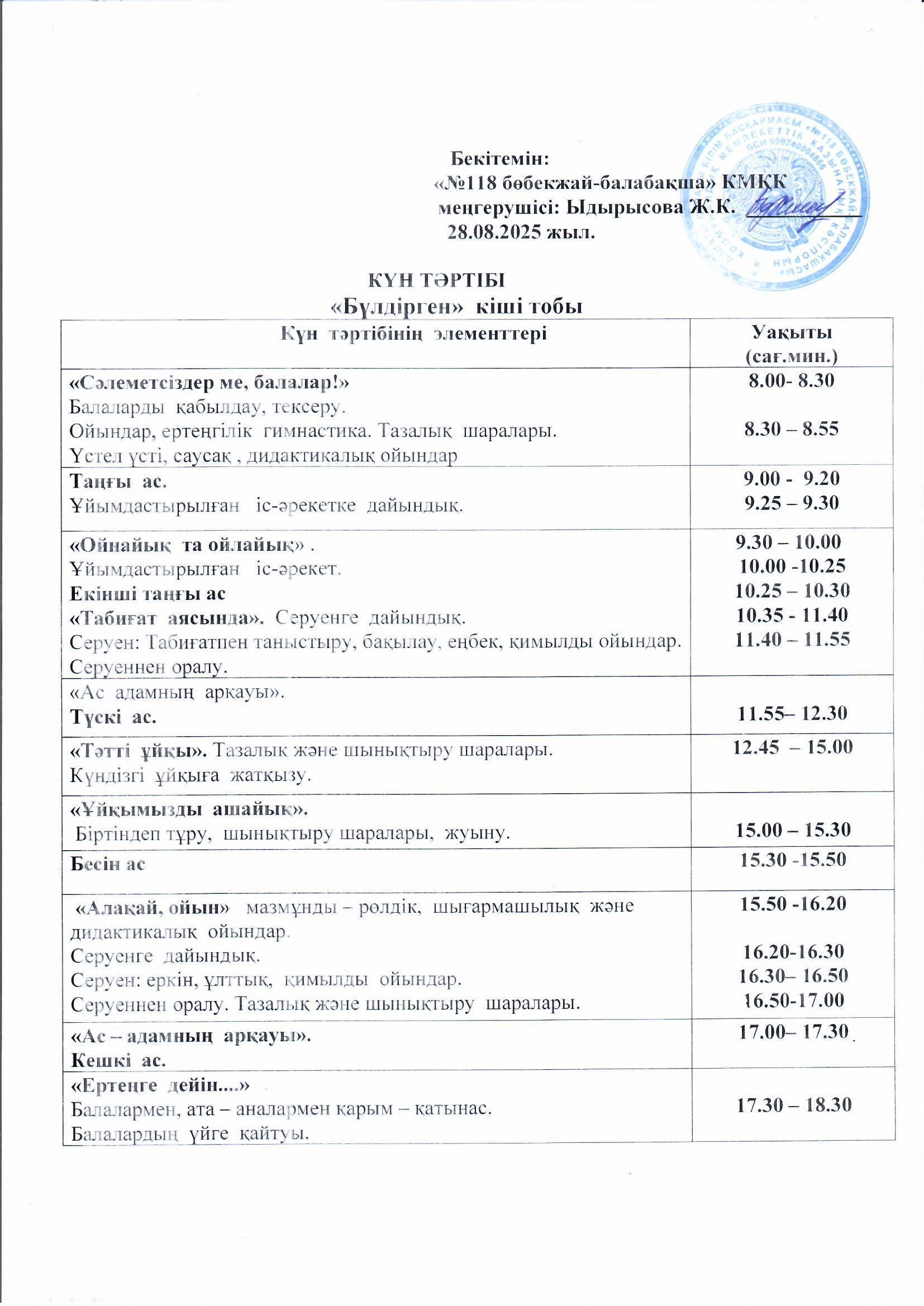 Күн тәртібі 2025-2026 оқу жылы